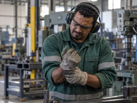 operador de máquina com luvas na fábrica